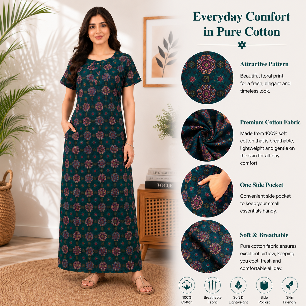 Pranjul 1825 Dark Cyan Ajrakh Printed Cotton Nighty for Women