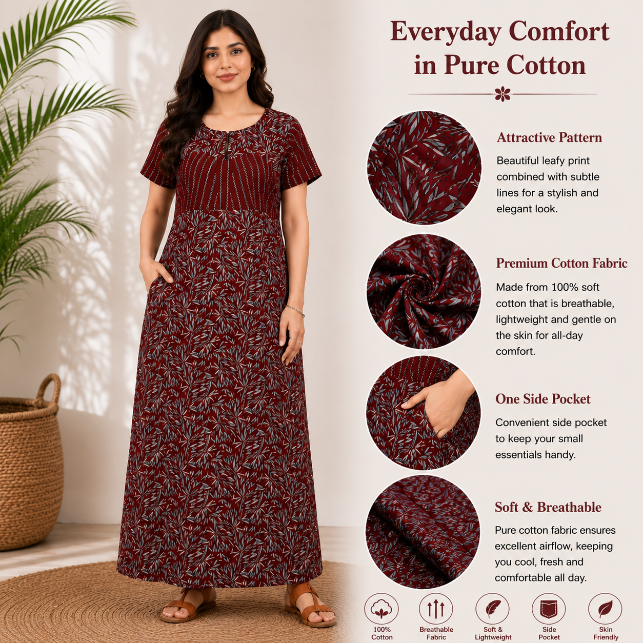 Pranjul 1813 Cotton Leaf Printed Nighty for Women