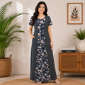 Pranjul 1826 Navy Blue Floral & Wave Printed Cotton Nighty for Women
