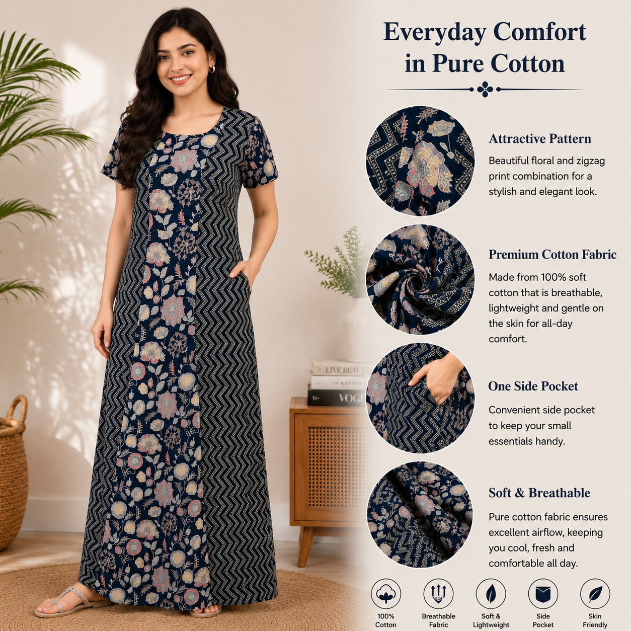 Pranjul 1826 Navy Blue Floral & Wave Printed Cotton Nighty for Women