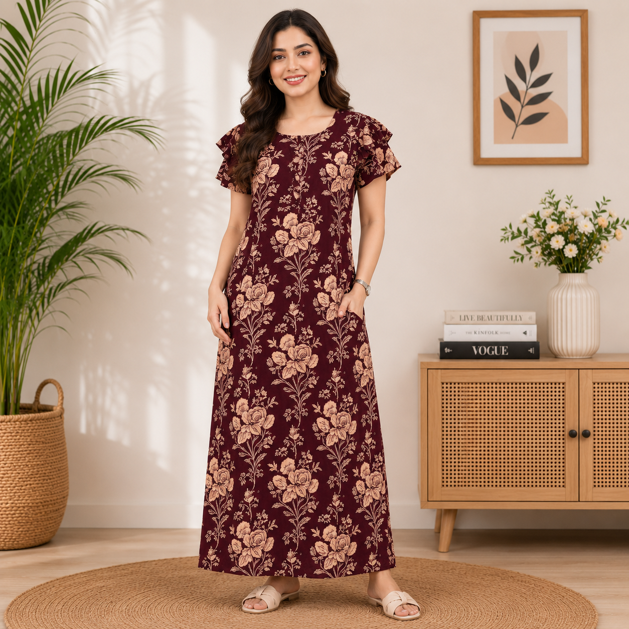 Pranjul 1827 Maroon Printed Cotton Nighty for Women