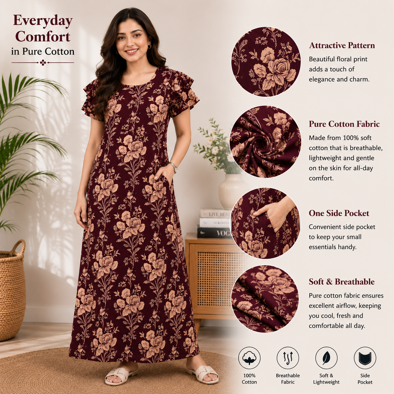 Pranjul 1827 Maroon Printed Cotton Nighty for Women