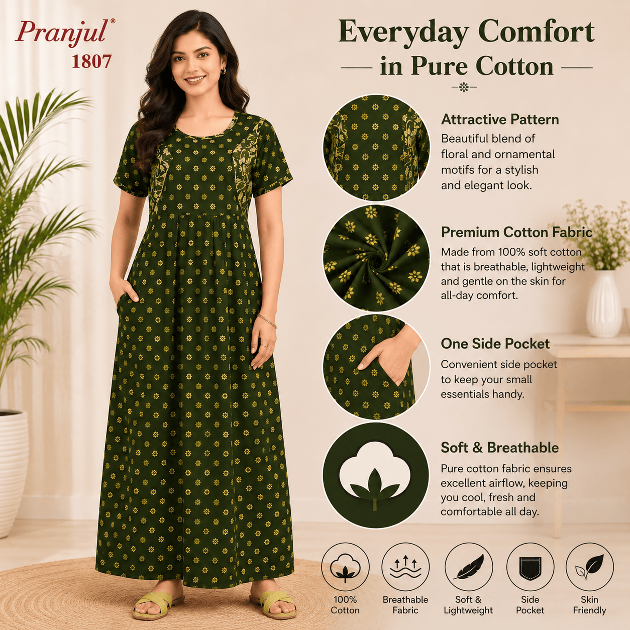Pranjul 1807 Cotton Floral Printed Nighty for Women