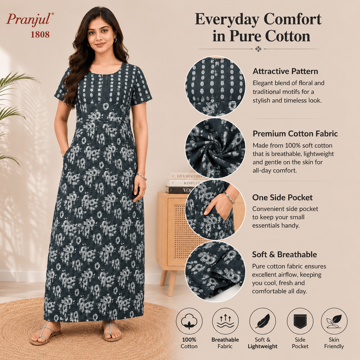 Pranjul 1808 Cotton Floral Printed Nighty for Women