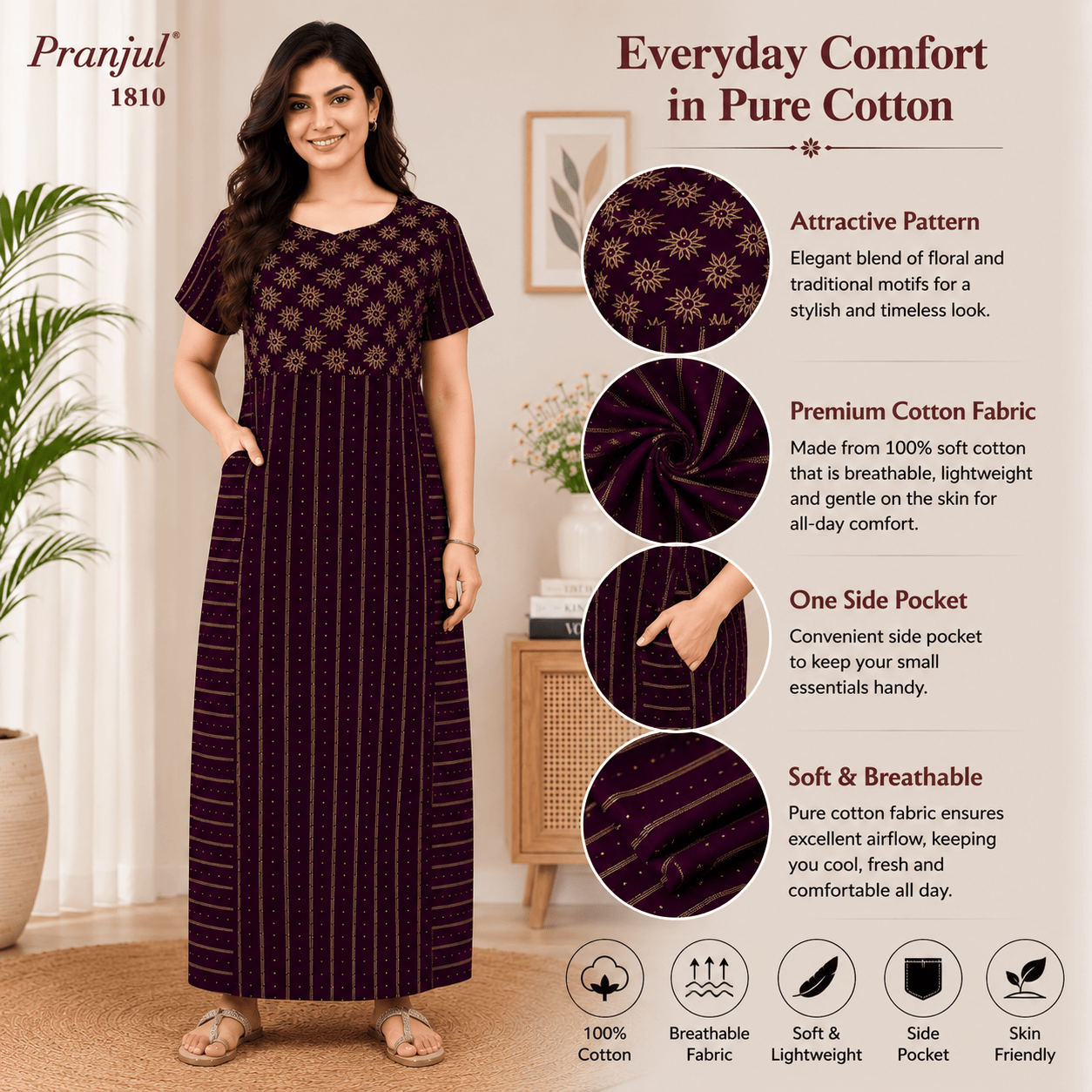 Pranjul 1810 Cotton Geometric Printed Nighty for Women
