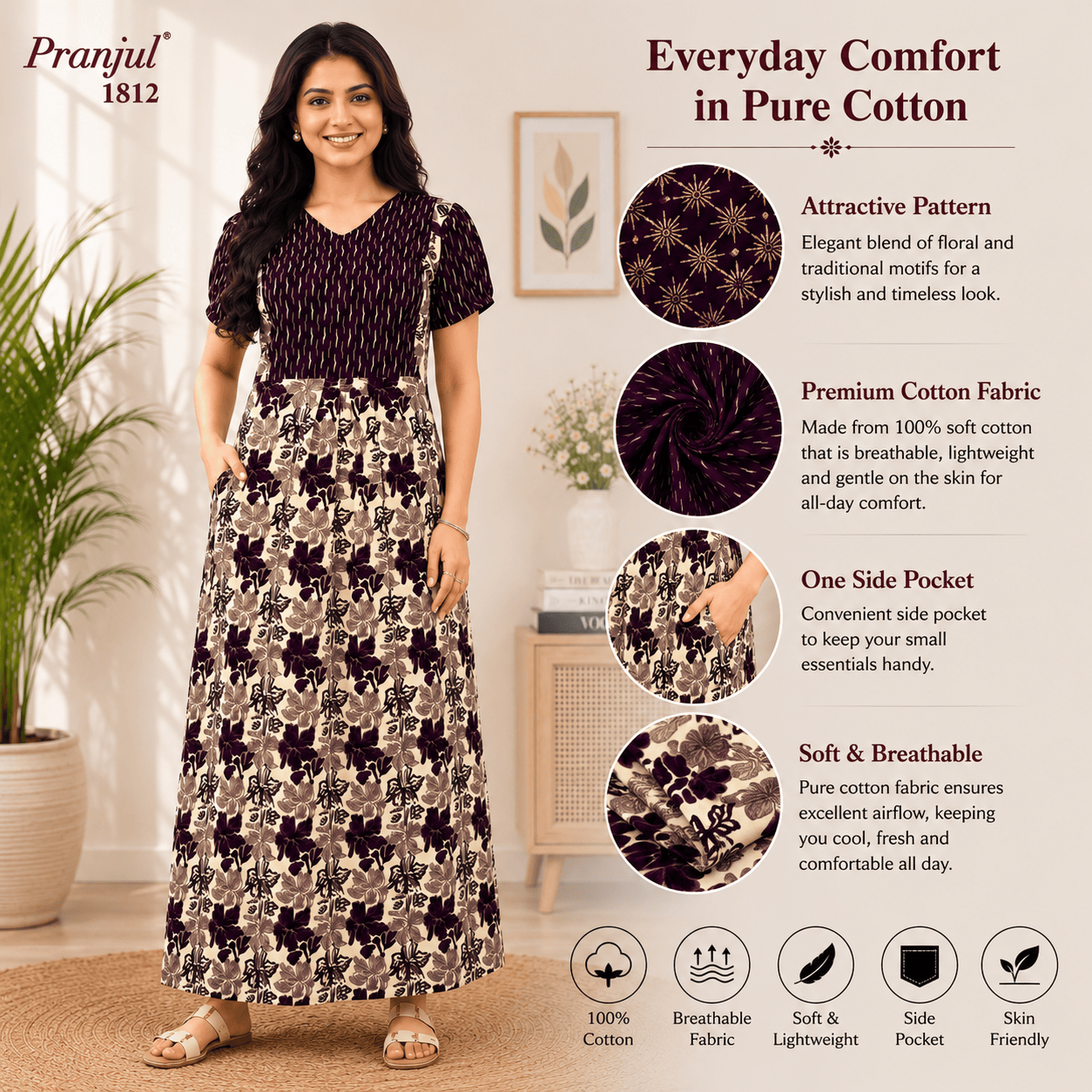 Pranjul 1812 Cotton Floral Printed Nighty for Women