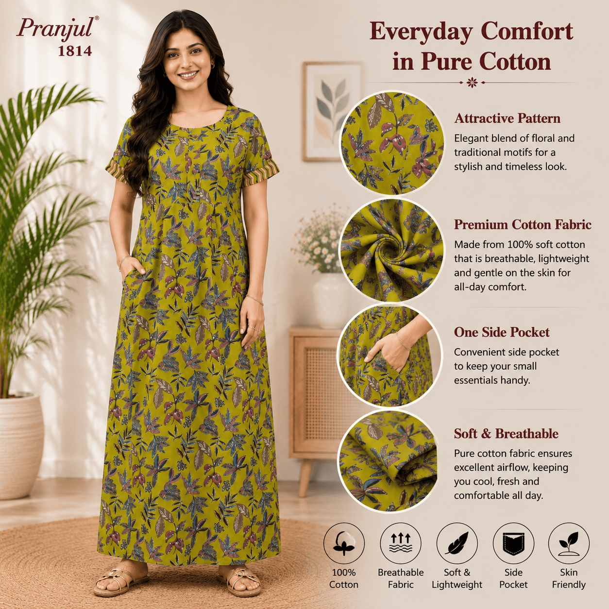 Pranjul 1814 Cotton Floral Printed Nighty for Women