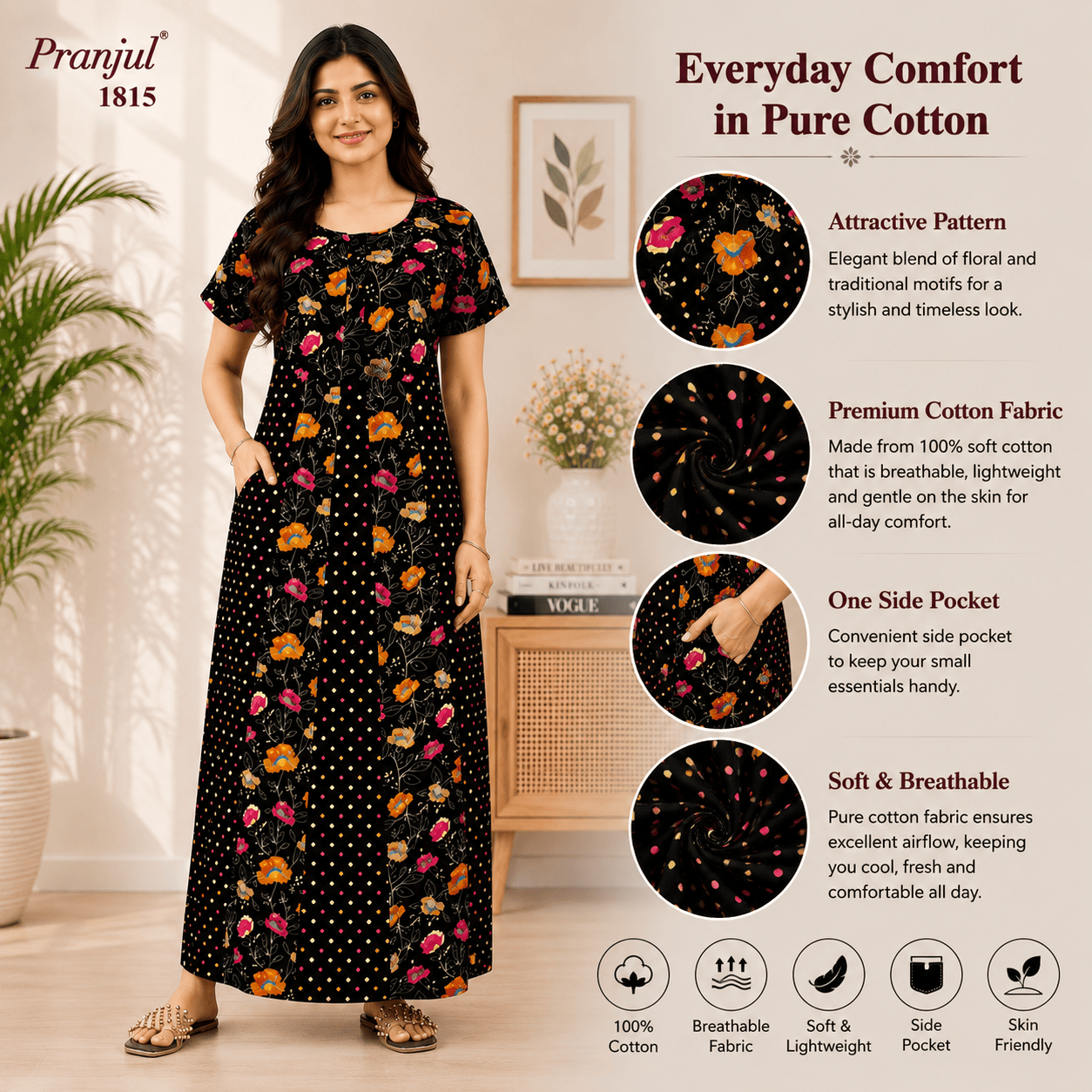 Pranjul 1815 Cotton Floral Printed Nighty for Women