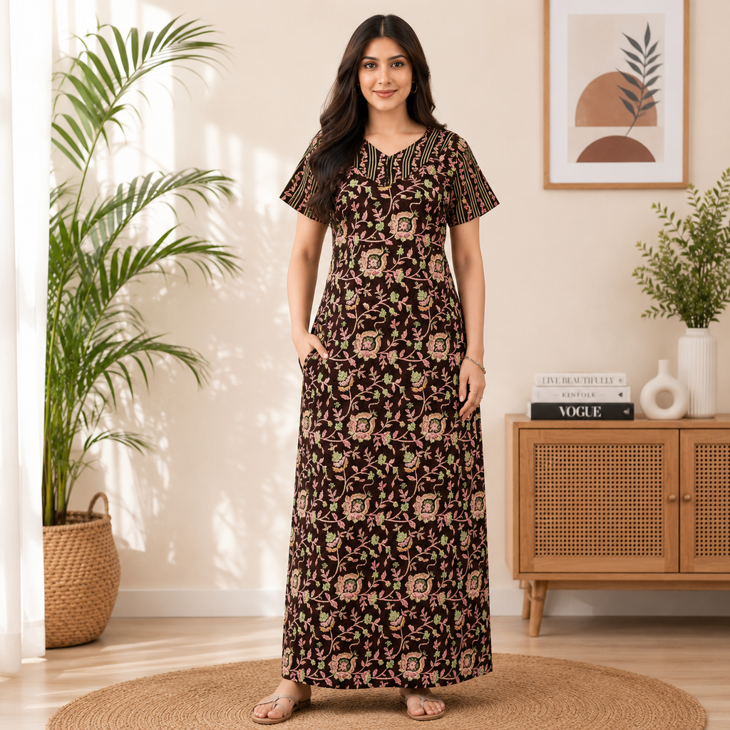Pranjul 1819 Brown Floral Printed Cotton Nighty