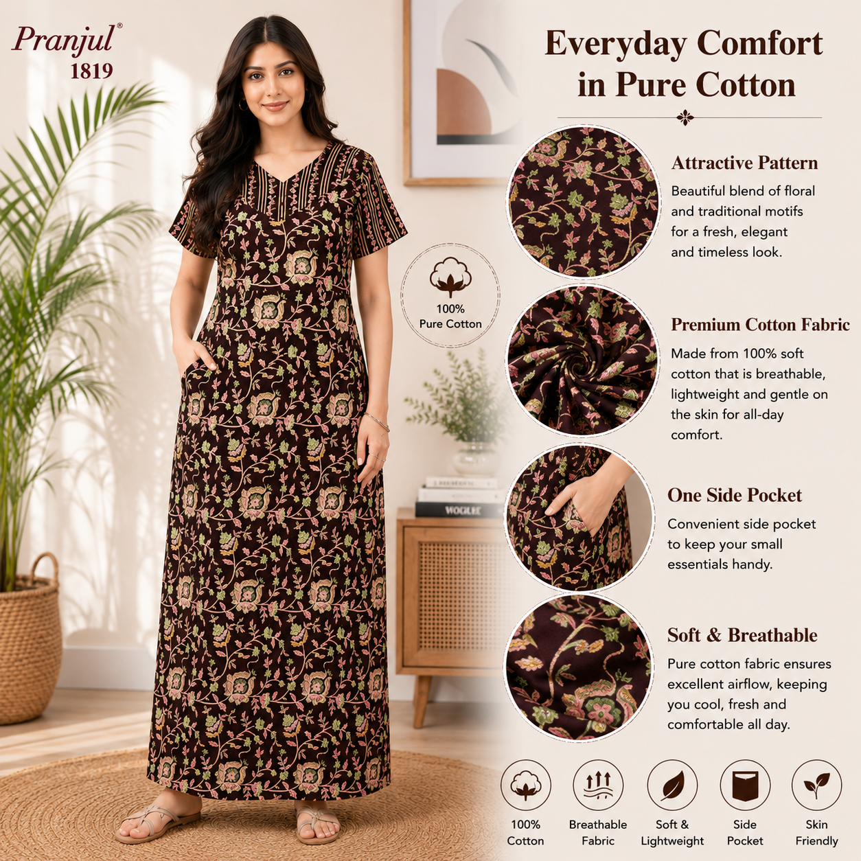Pranjul 1819 Brown Floral Printed Cotton Nighty
