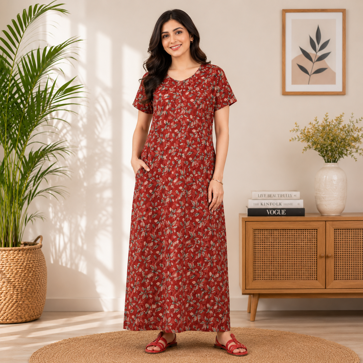 Pranjul 1821 Red Floral Printed Cotton Nighty
