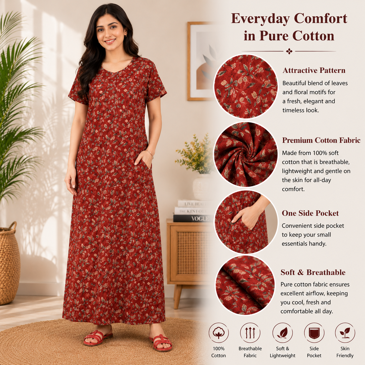 Pranjul 1821 Red Floral Printed Cotton Nighty