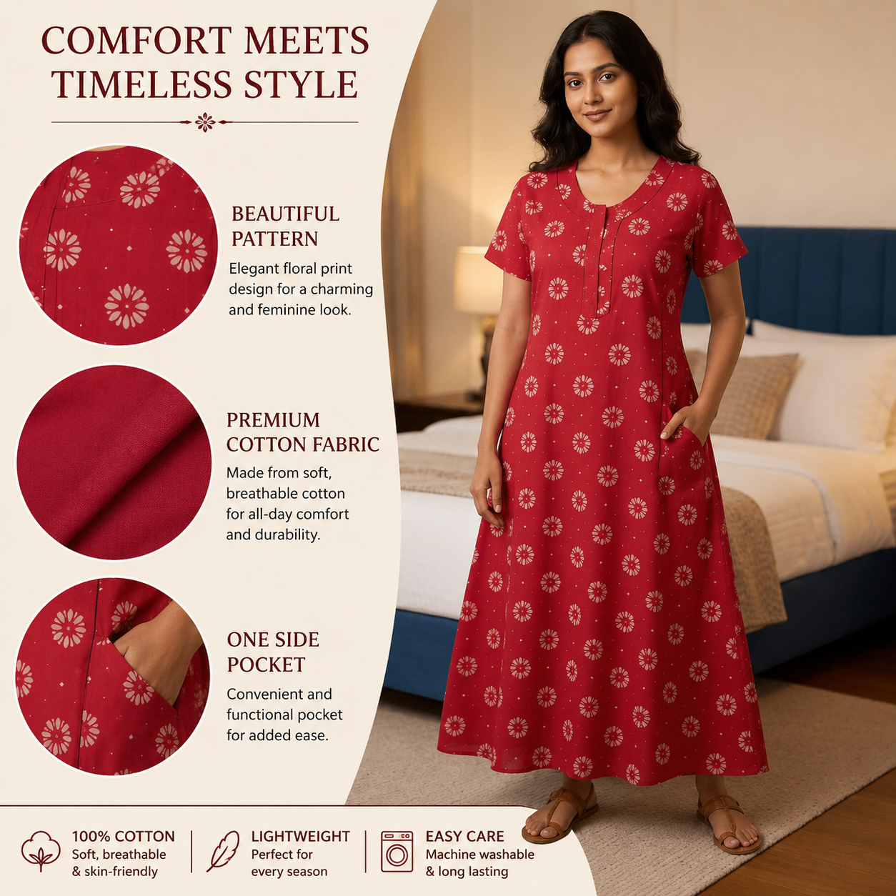 Women's Red Floral Printed Cotton Nighty with Front Pocket – Soft Daily Wear House Dress