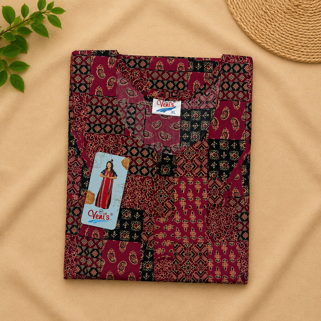 Women's Maroon Patchwork Printed Cotton Nighty – Soft & Comfortable Home Wear | XL & XXL