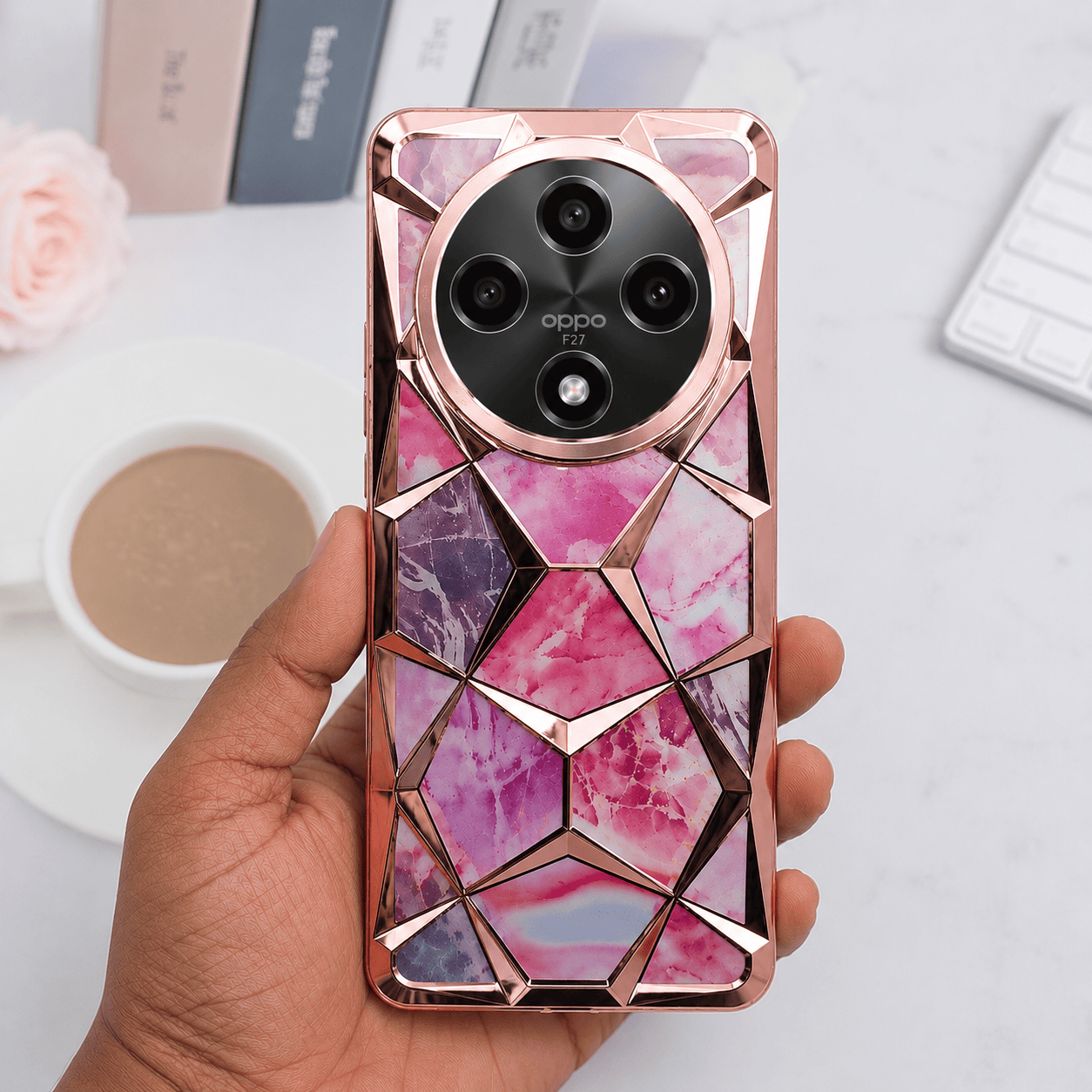 3D Diamond Design Marble Stone Phone Cover for OPPO F27 Back Case Pink Onezeros.in