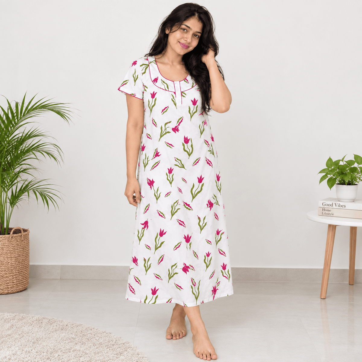Women's Floral Printed Nighty with Round Neck & Front Zip