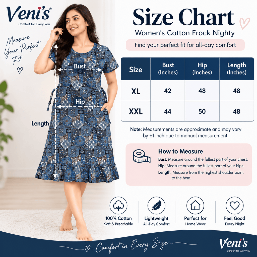 Veni’s Cotton Frock Nighty for Women – Printed Mid-Length Nightwear with Adjustable Rope
