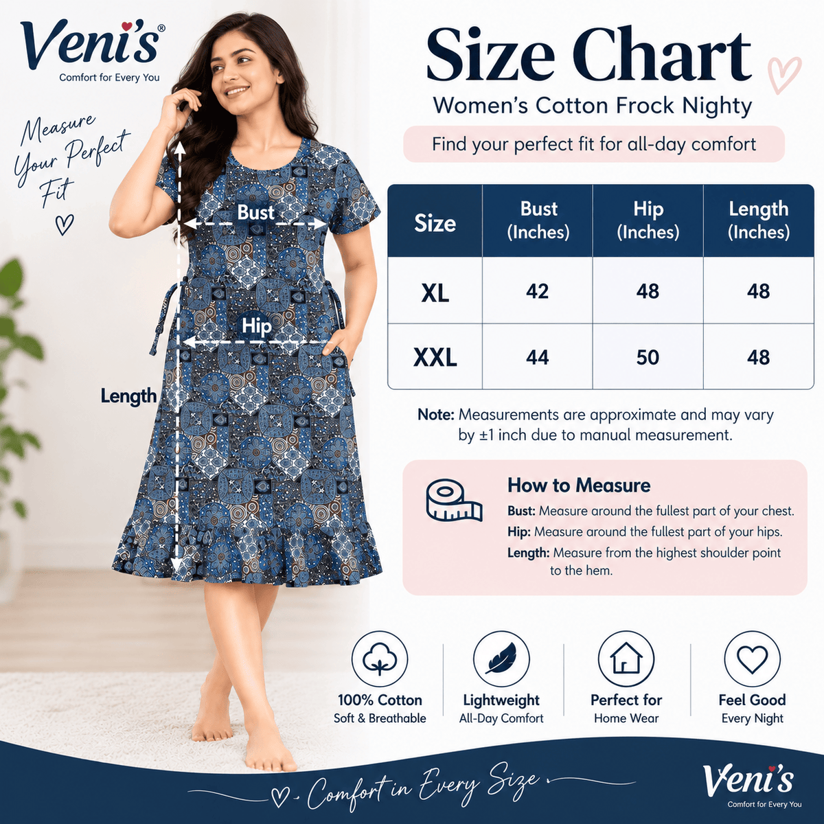 Veni’s Cotton Frock Nighty for Women – Printed Mid-Length Nightwear with Adjustable Rope