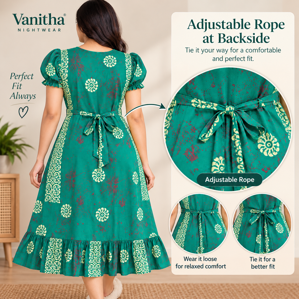 Vanitha Cotton Frock Nighty for Women – Green Printed Mid-Length Nightwear