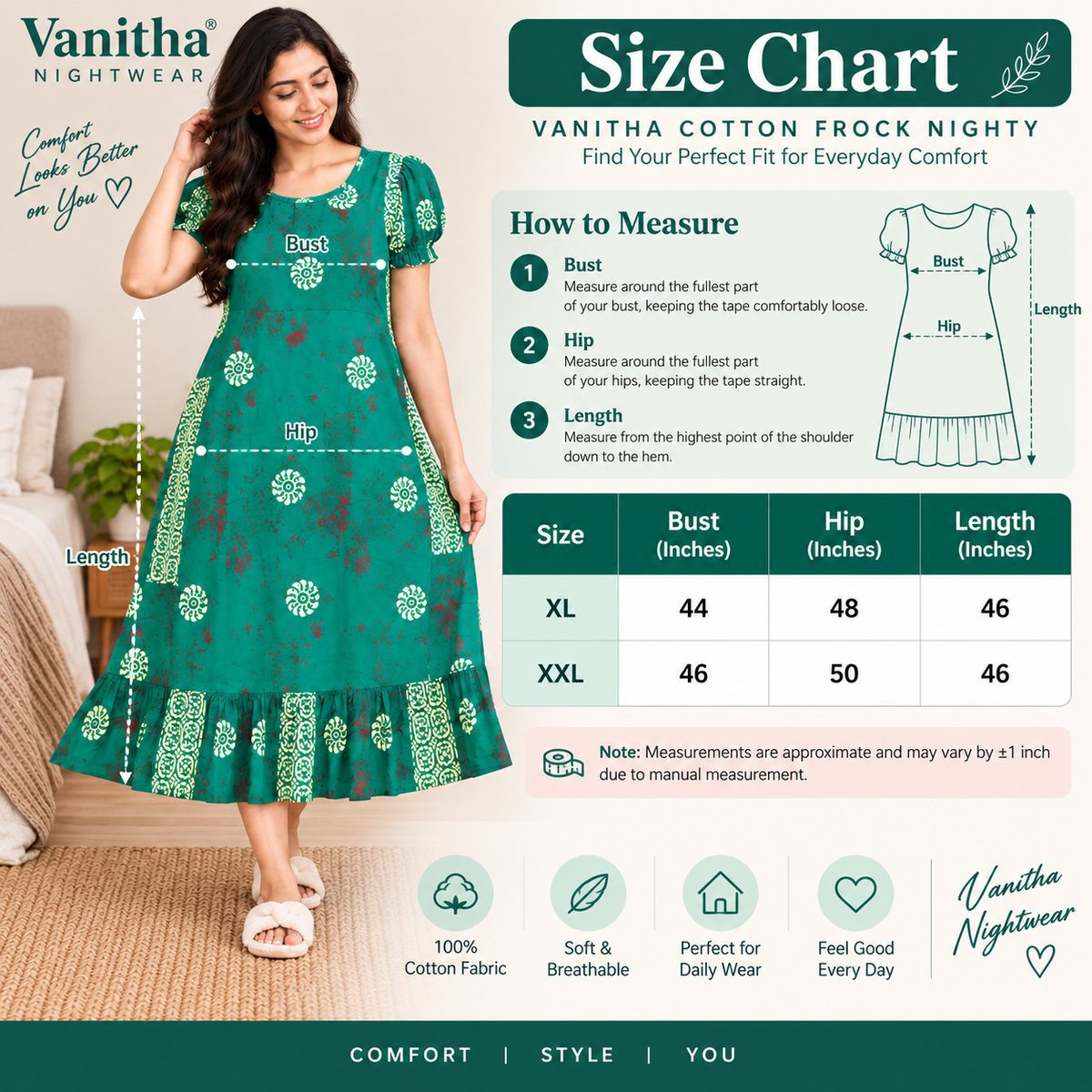 Vanitha Cotton Frock Nighty for Women – Green Printed Mid-Length Nightwear