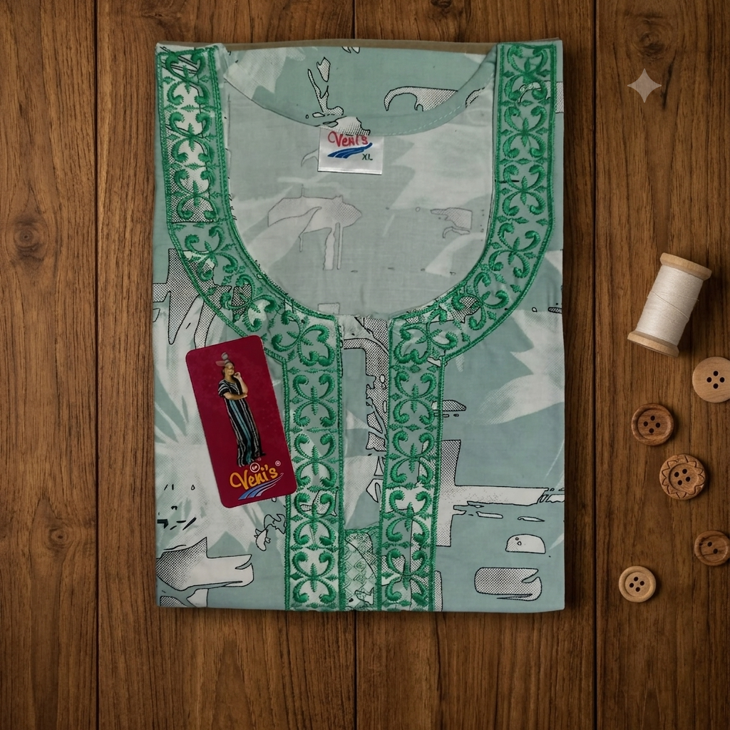 Mint Green Printed Rayon Nighty for Women | Embroidered Designer Night Dress | Soft & Comfortable Home Wear