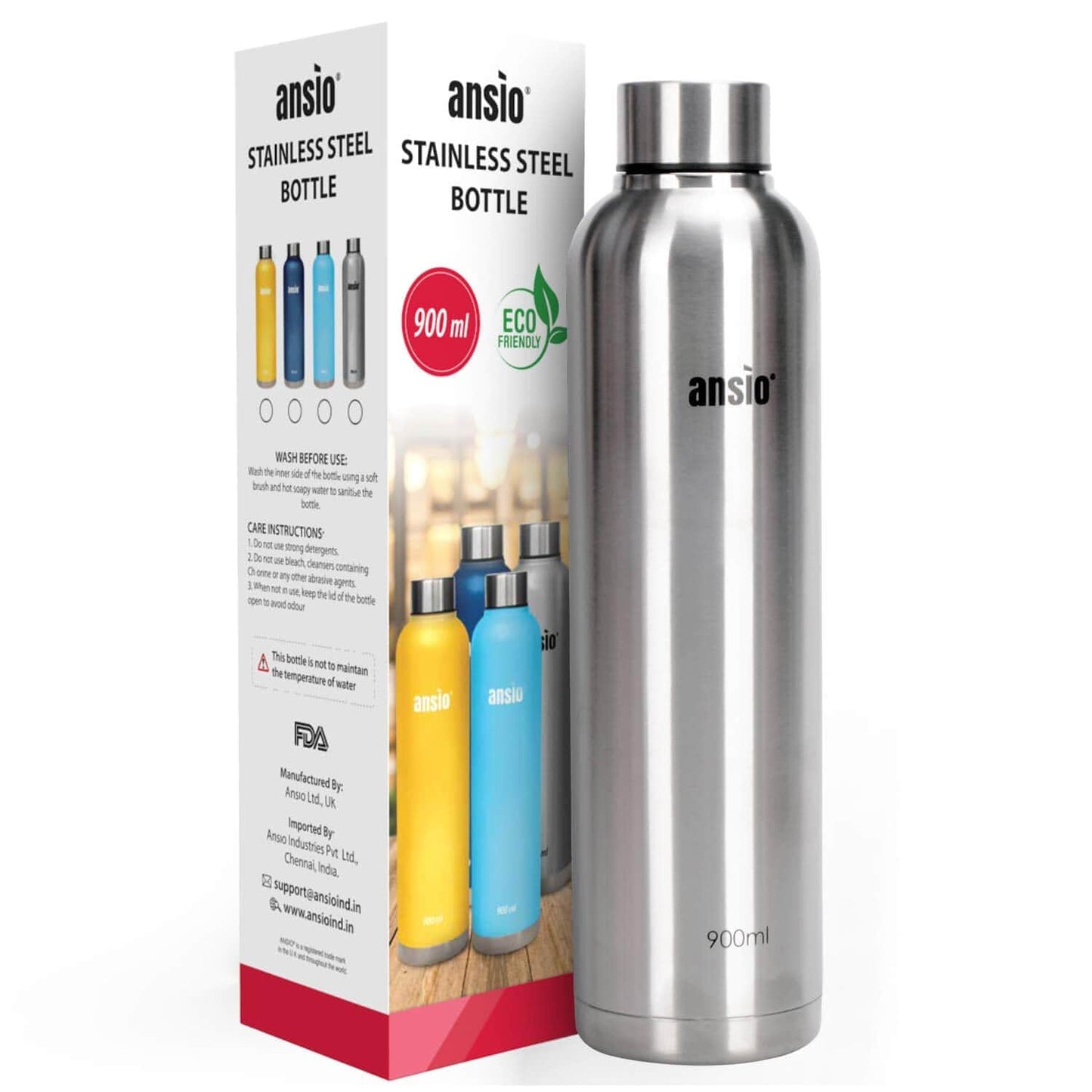 ANSIO Stainless Steel Water Bottle (900ml) Silver Onezeros.in