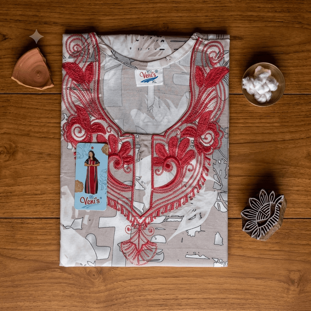 Beige Printed Rayon Nighty for Women | Embroidered Designer Night Dress | Soft & Comfortable Home Wear XXL OneZeros