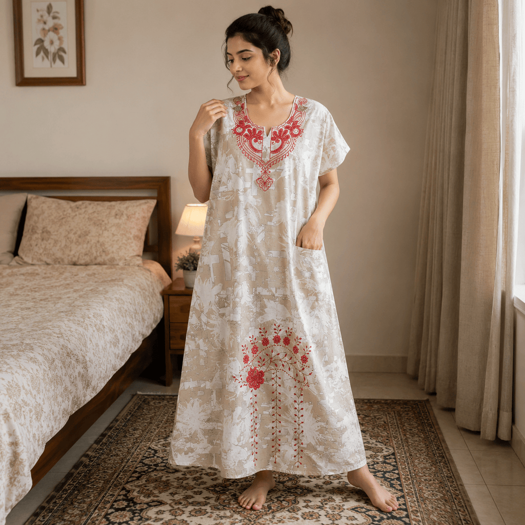 Beige Printed Rayon Nighty for Women | Embroidered Designer Night Dress | Soft & Comfortable Home Wear OneZeros