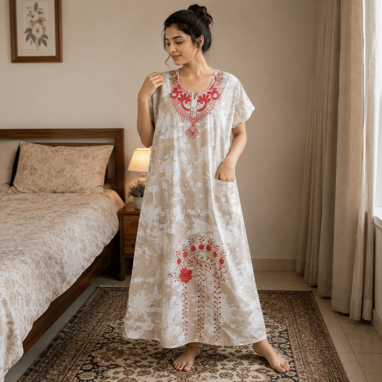 Beige Printed Rayon Nighty for Women | Embroidered Designer Night Dress | Soft & Comfortable Home Wear OneZeros