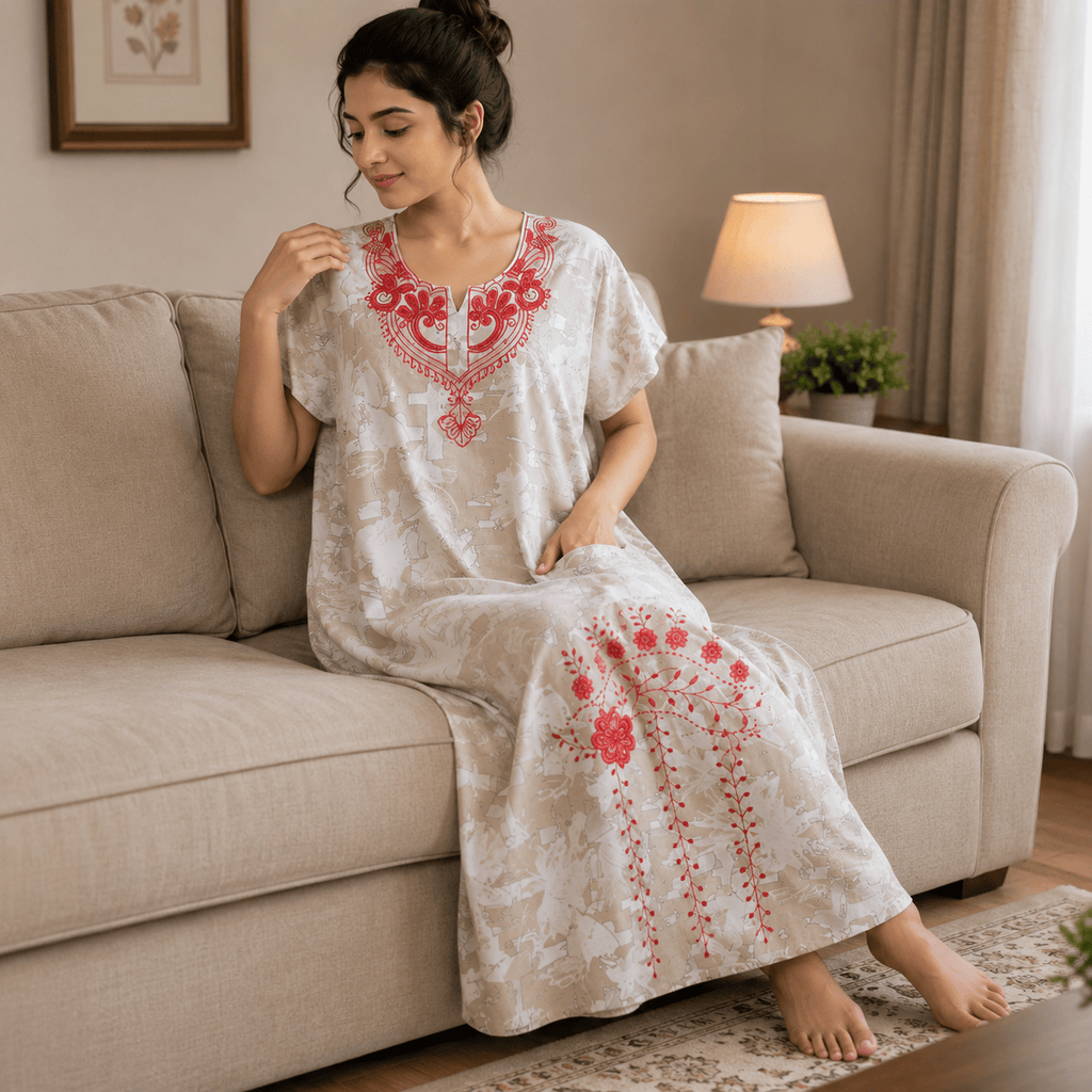 Beige Printed Rayon Nighty for Women | Embroidered Designer Night Dress | Soft & Comfortable Home Wear OneZeros
