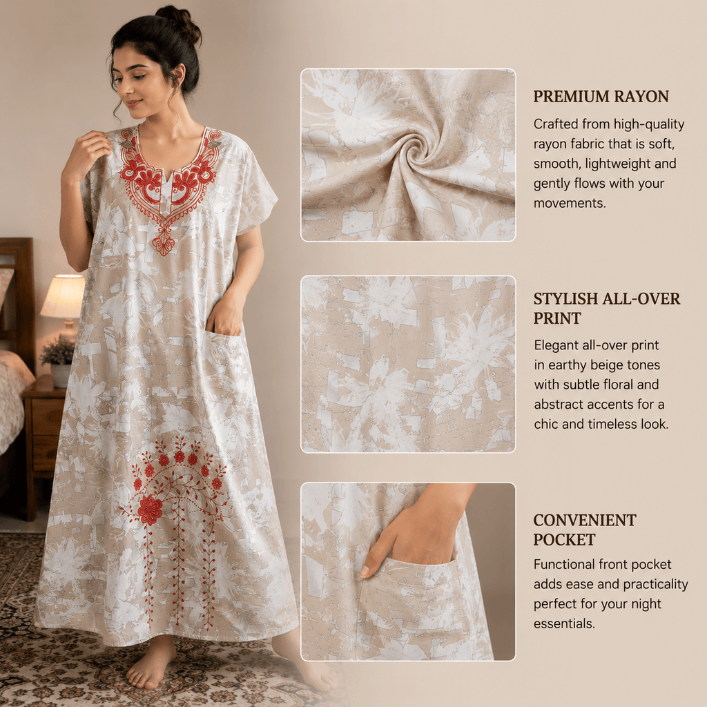 Beige Printed Rayon Nighty for Women | Embroidered Designer Night Dress | Soft & Comfortable Home Wear OneZeros