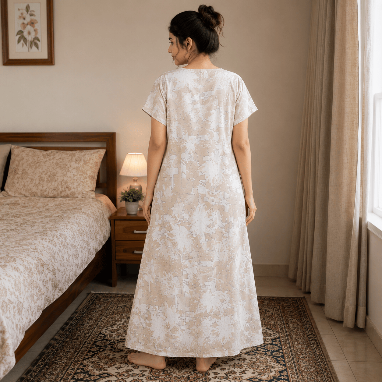 Beige Printed Rayon Nighty for Women | Embroidered Designer Night Dress | Soft & Comfortable Home Wear OneZeros