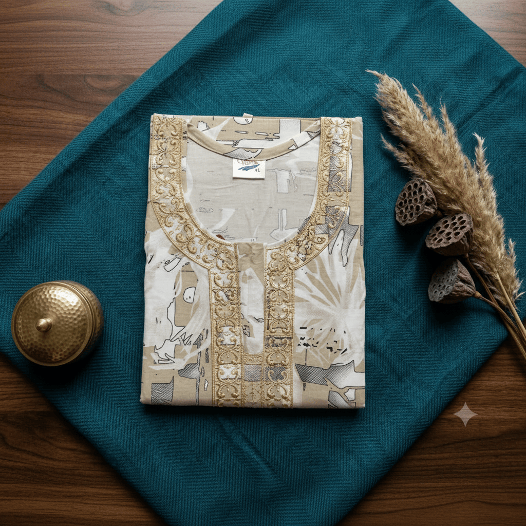 Beige Printed Rayon Nighty for Women | Golden Embroidered Designer Night Dress | Soft & Comfortable Home Wear (XL) XL / 1 OneZeros