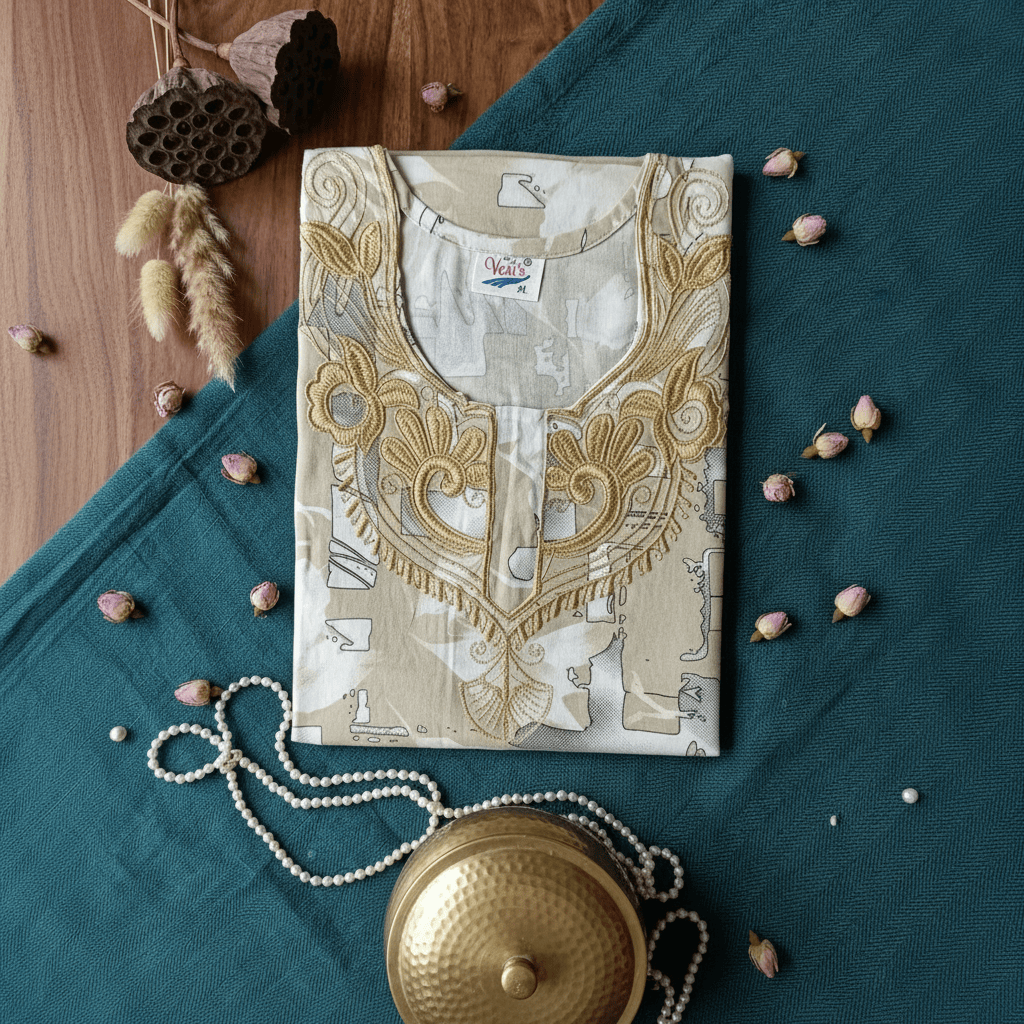 Beige Printed Rayon Nighty for Women | Golden Embroidered Designer Night Dress | Soft & Comfortable Home Wear (XL) XL / 2 OneZeros