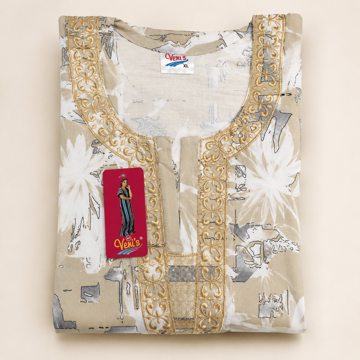 Beige Printed Rayon Nighty for Women | Golden Embroidered Designer Night Dress | Soft & Comfortable Home Wear (XL) OneZeros