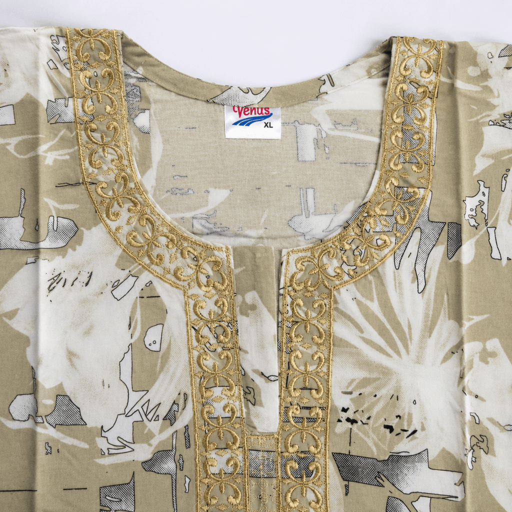 Beige Printed Rayon Nighty for Women | Golden Embroidered Designer Night Dress | Soft & Comfortable Home Wear (XL) OneZeros