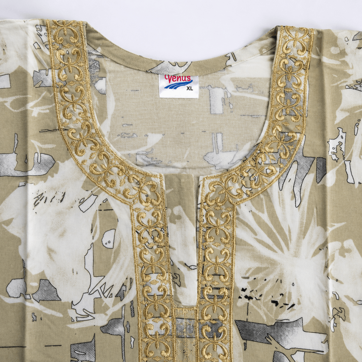 Beige Printed Rayon Nighty for Women | Golden Embroidered Designer Night Dress | Soft & Comfortable Home Wear (XL) OneZeros