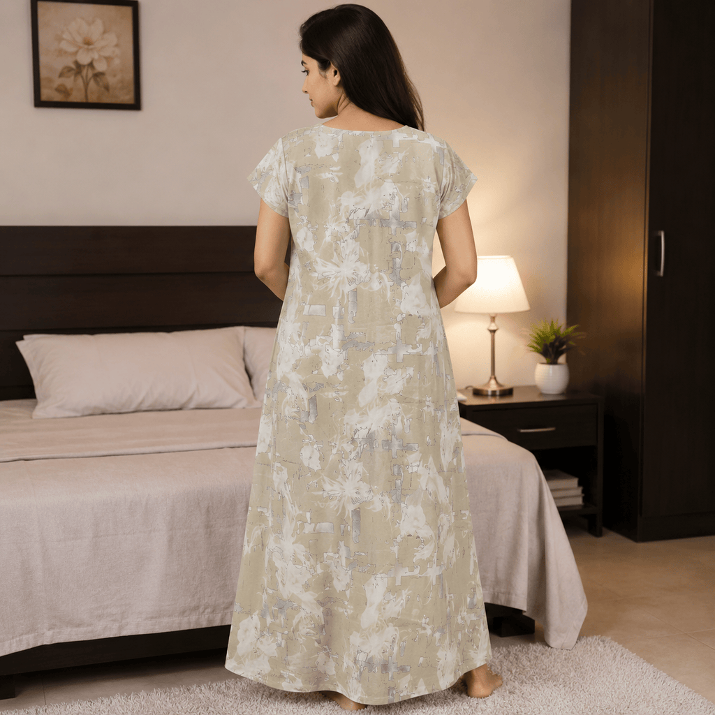 Beige Printed Rayon Nighty for Women | Golden Embroidered Designer Night Dress | Soft & Comfortable Home Wear (XL) OneZeros