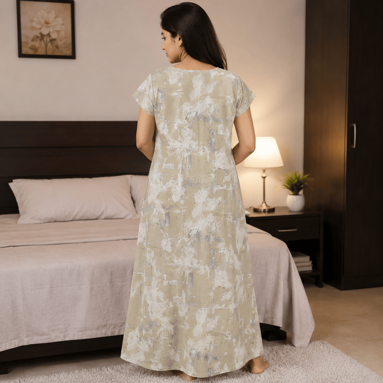 Beige Printed Rayon Nighty for Women | Golden Embroidered Designer Night Dress | Soft & Comfortable Home Wear (XL) OneZeros