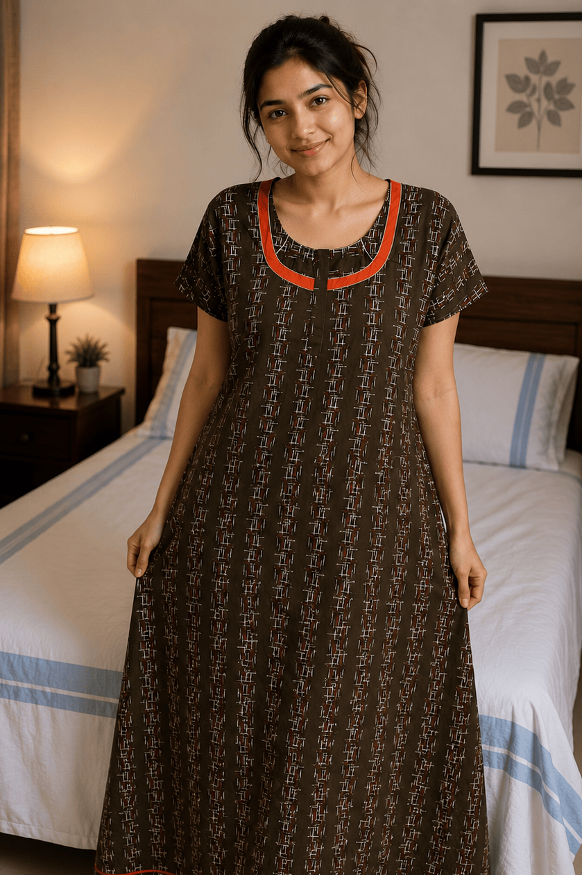 Brown Geometric Pattern Nighty 2XL Onezeros.in