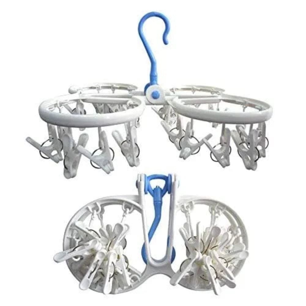 Clothes Dryer With Foldable Hanger and Clips Blue with White Onezeros.in