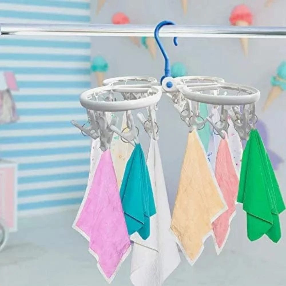 Clothes Dryer With Foldable Hanger and Clips Blue with White Onezeros.in