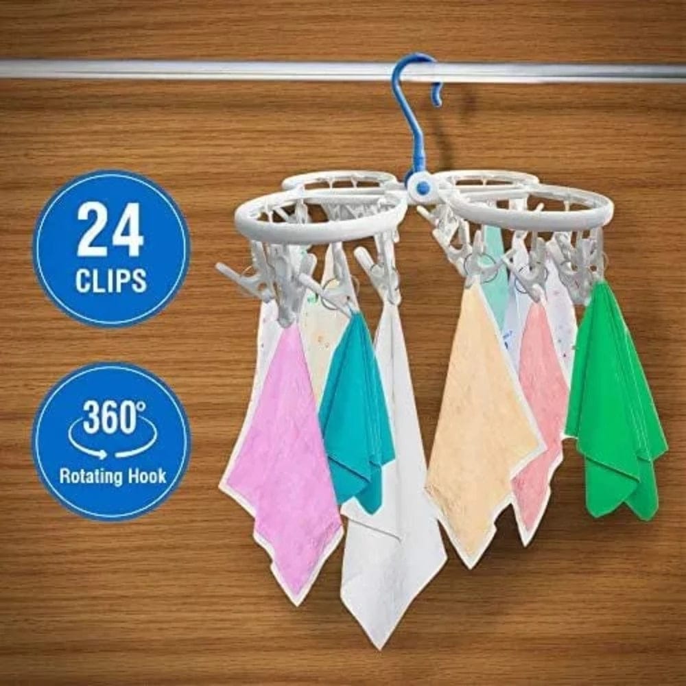 Clothes Dryer With Foldable Hanger and Clips Blue with White Onezeros.in