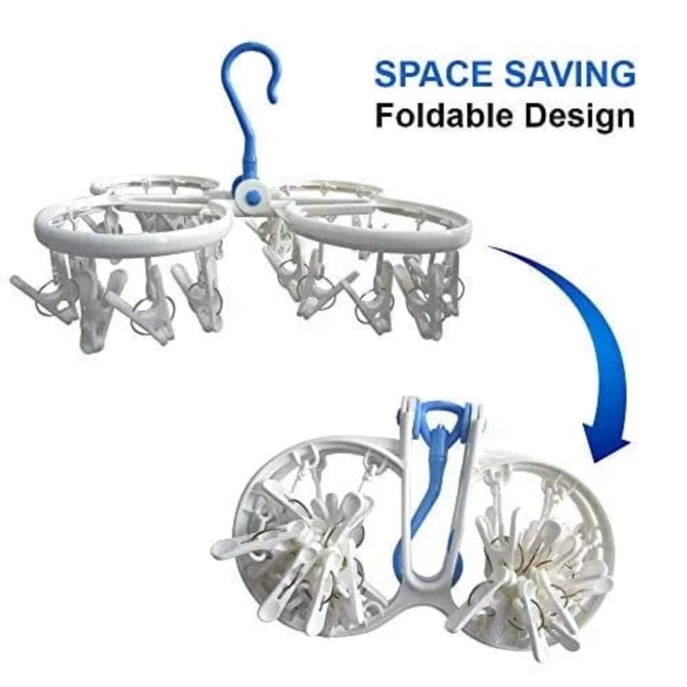 Clothes Dryer With Foldable Hanger and Clips Blue with White Onezeros.in