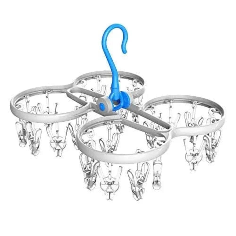 Clothes Dryer With Foldable Hanger and Clips Blue with White Onezeros.in