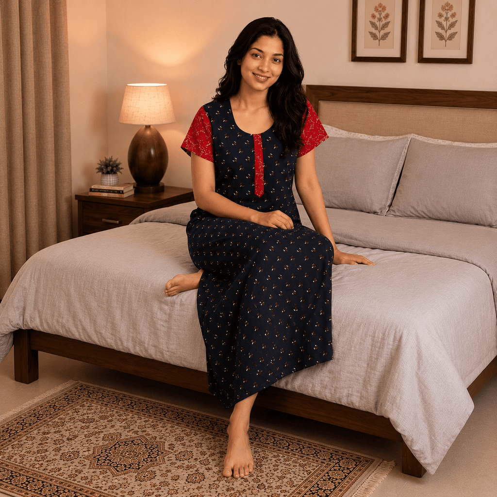 Woman wearing a coffee brown nighty with red contrast sleeves, red front placket, geometric print, soft breathable fabric, and full-length comfortable home wear for women.