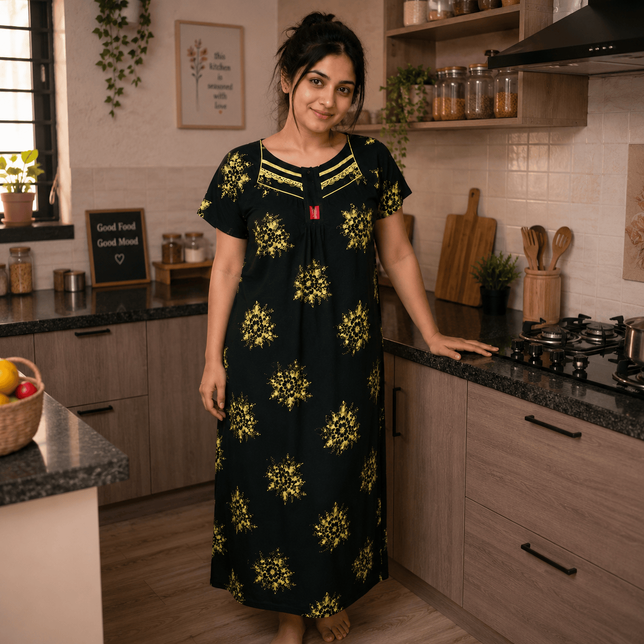 Dark Green background yellow floral pattern Nighty Onezeros.in