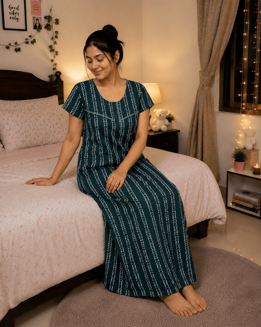 Dark Green Stripe Dreamscape Nighty for Women 2XL Onezeros.in