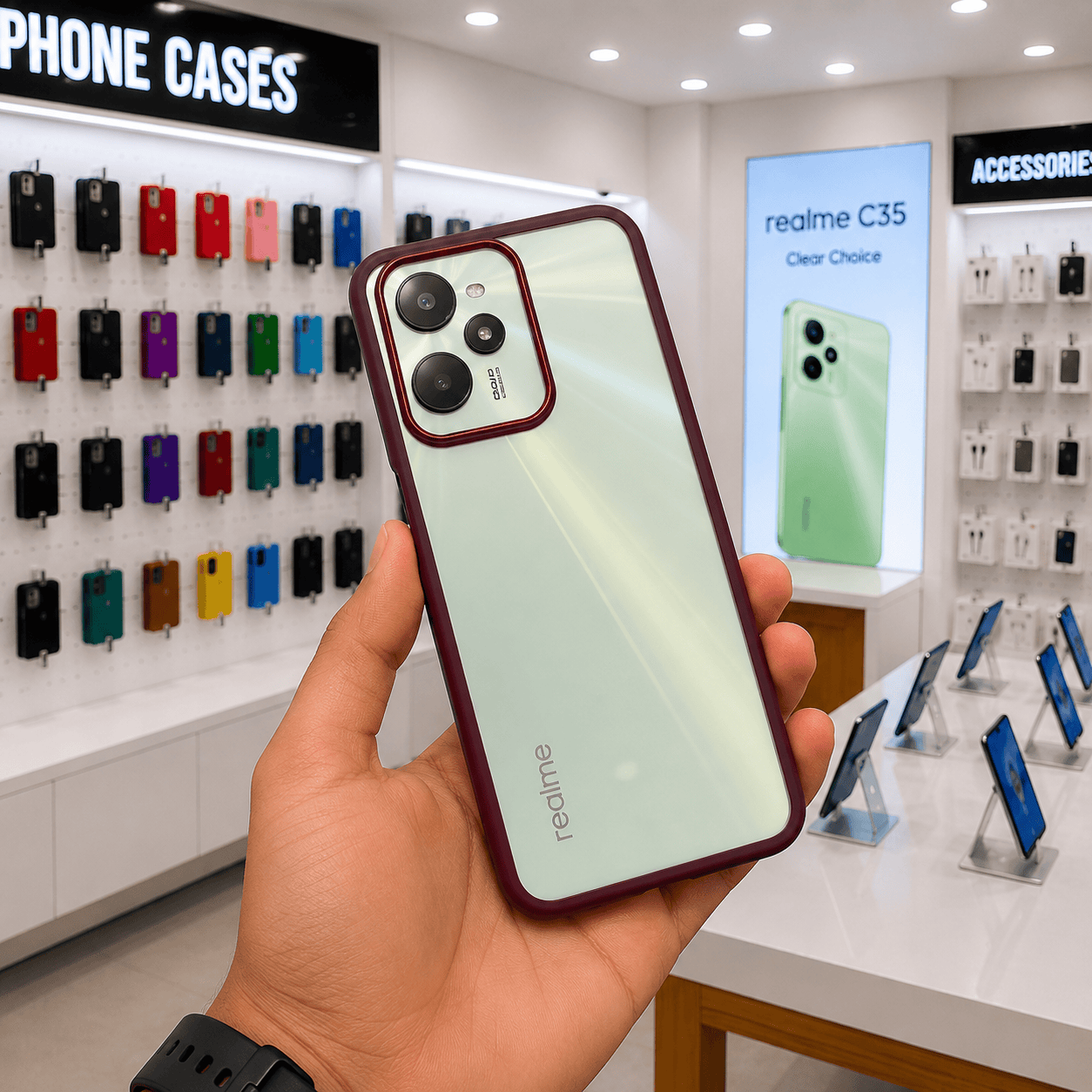 Electroplating Camera Frame Cell Phone Case for Realme C35 Back Cover Maroon Onezeros.in