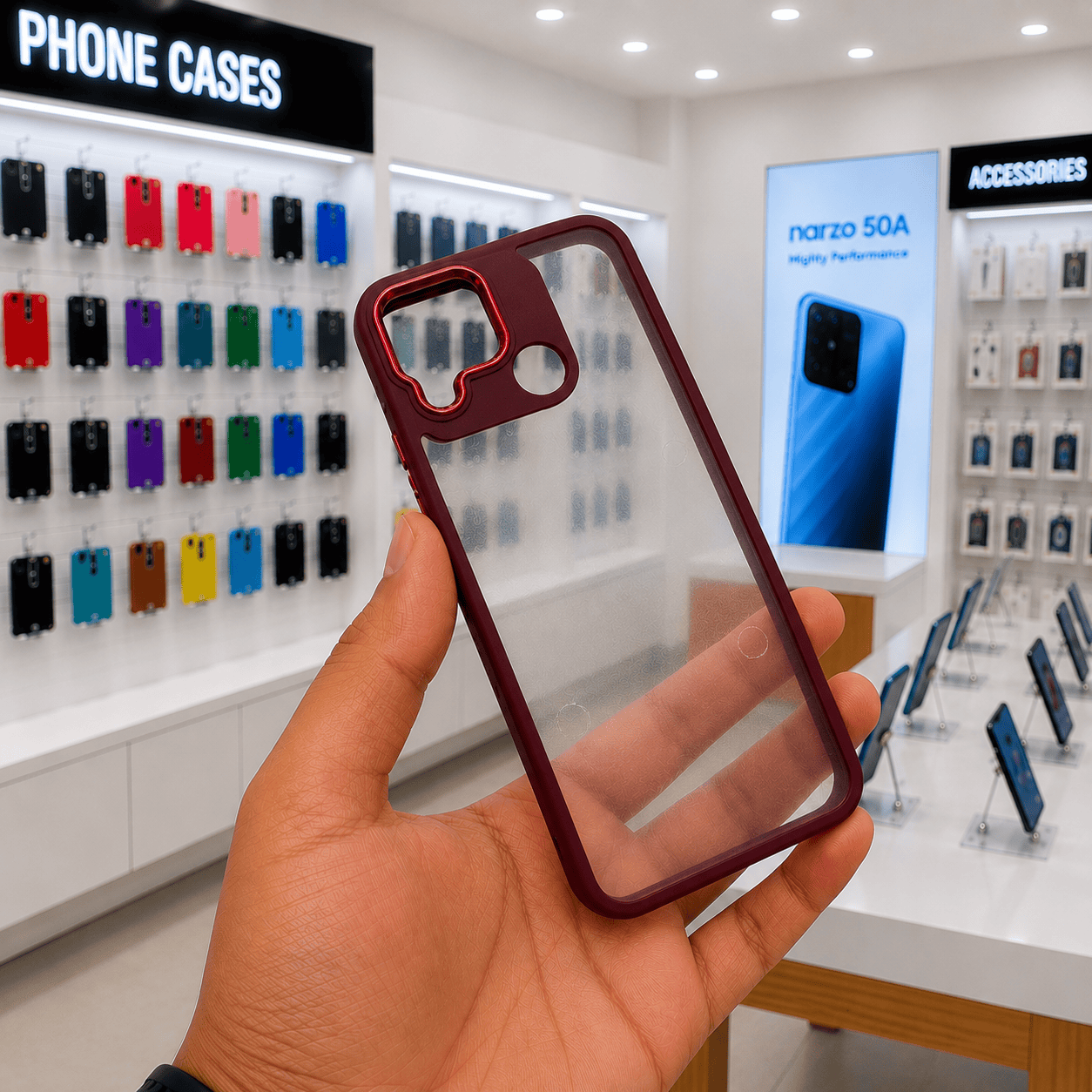 Electroplating Camera Frame Cell Phone Case for Realme Narzo 50A Back Cover Maroon Onezeros.in